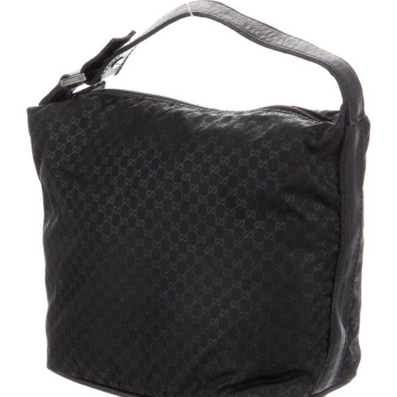 Gucci GG Nylon Black Mini Hobo Bag Leather Trim Silver Hardware Button Strap - Picture 3 of 5